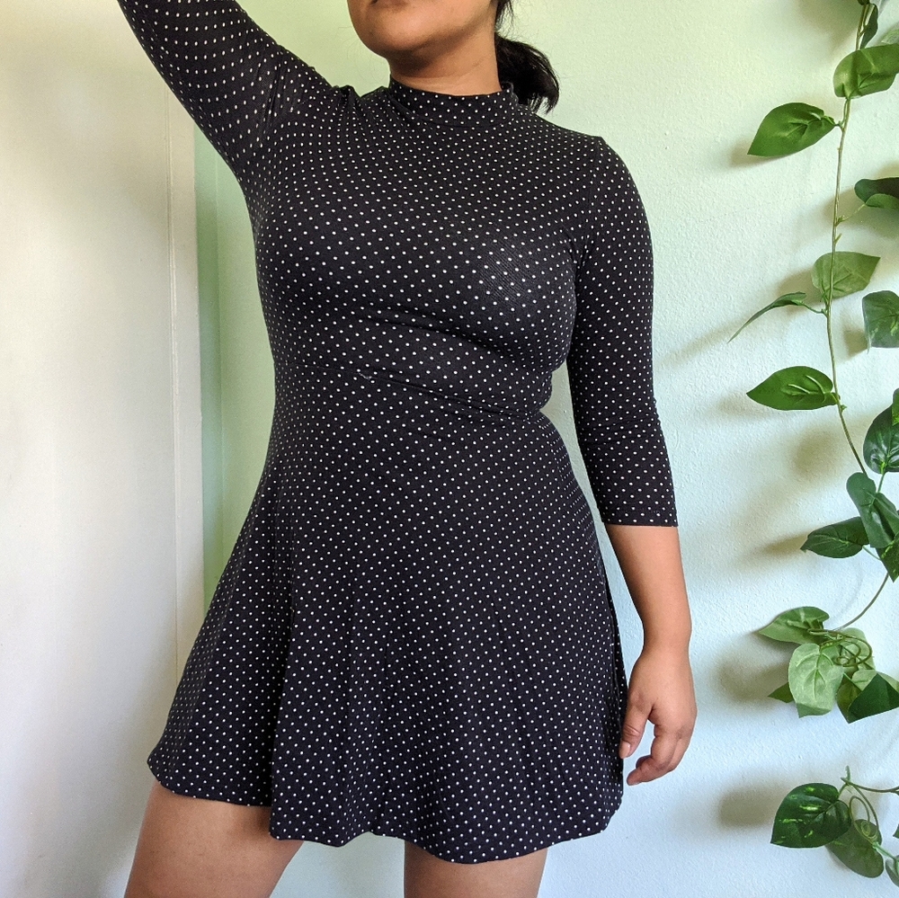 Black Mock neck White Polka Dot Mini Dress